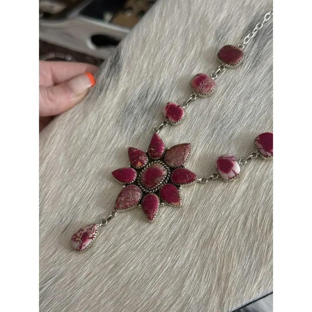 Native American SW Sterling Silver Pink Red Jasper Huge Cluster Necklace Lariat